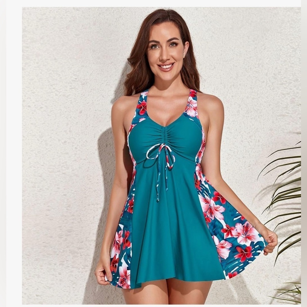 Floral Teal Swim Dress
Casual and elegant 
Full coverage TOP ONLY 
NO BOTTOM